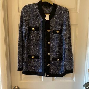 Women's Blue Tweed Cardigan with Black Trim